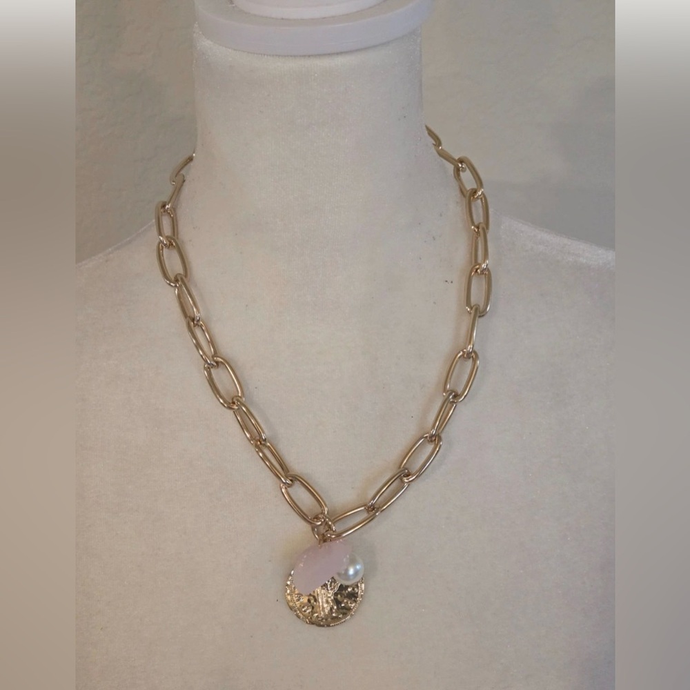 J. Crew Gold Necklace with Pink and Pearl Pendant